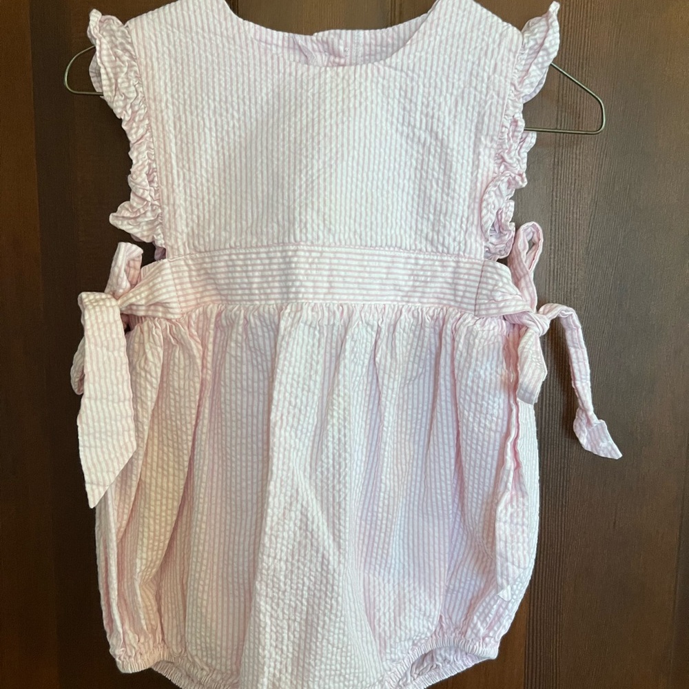 Shrimp & Grits Kids Pink Seersucker Romper